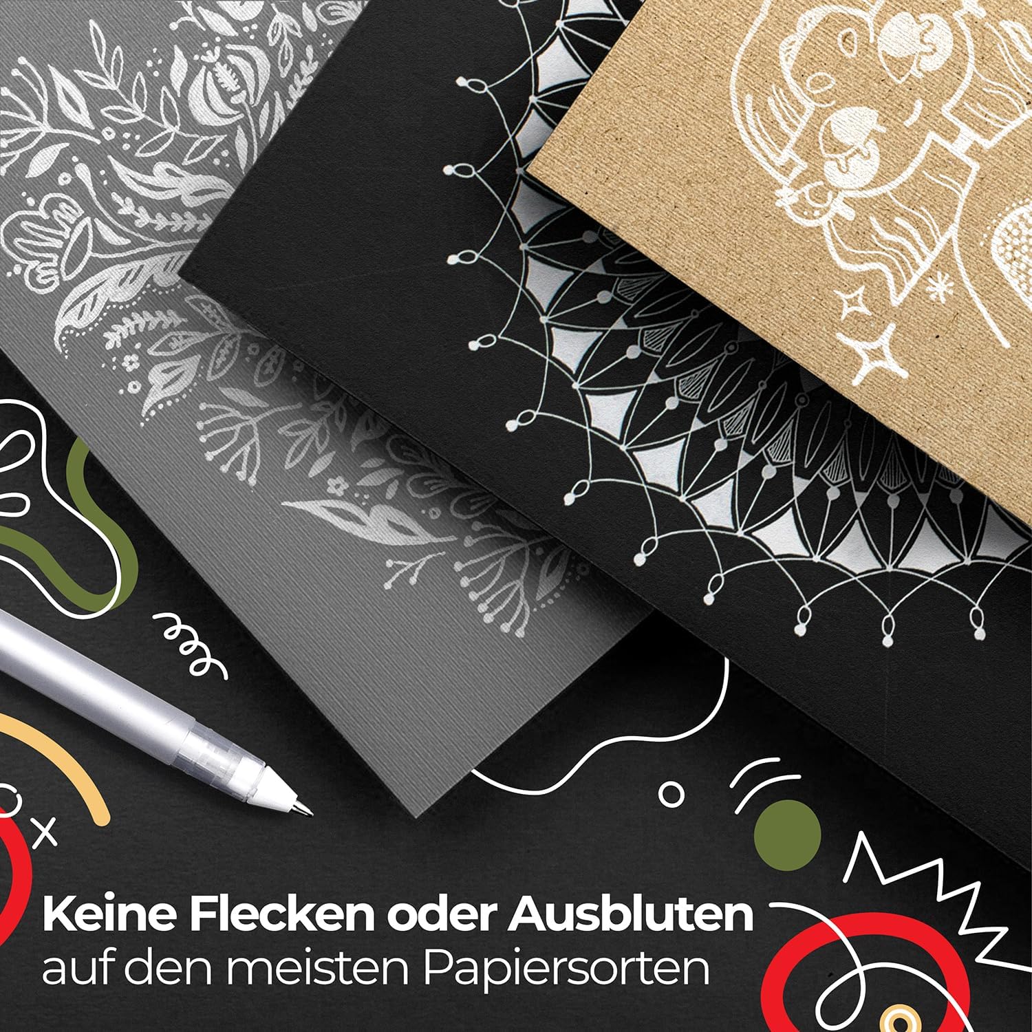 colozoo 5er Set Gelstifte Weiß mit Spitzengrößen: 0,5, 0,7, 0,8, 1,0, 1,2 mm | Weißer Stift für schwarzes Papier | Weißer Gelstift Deckend 4