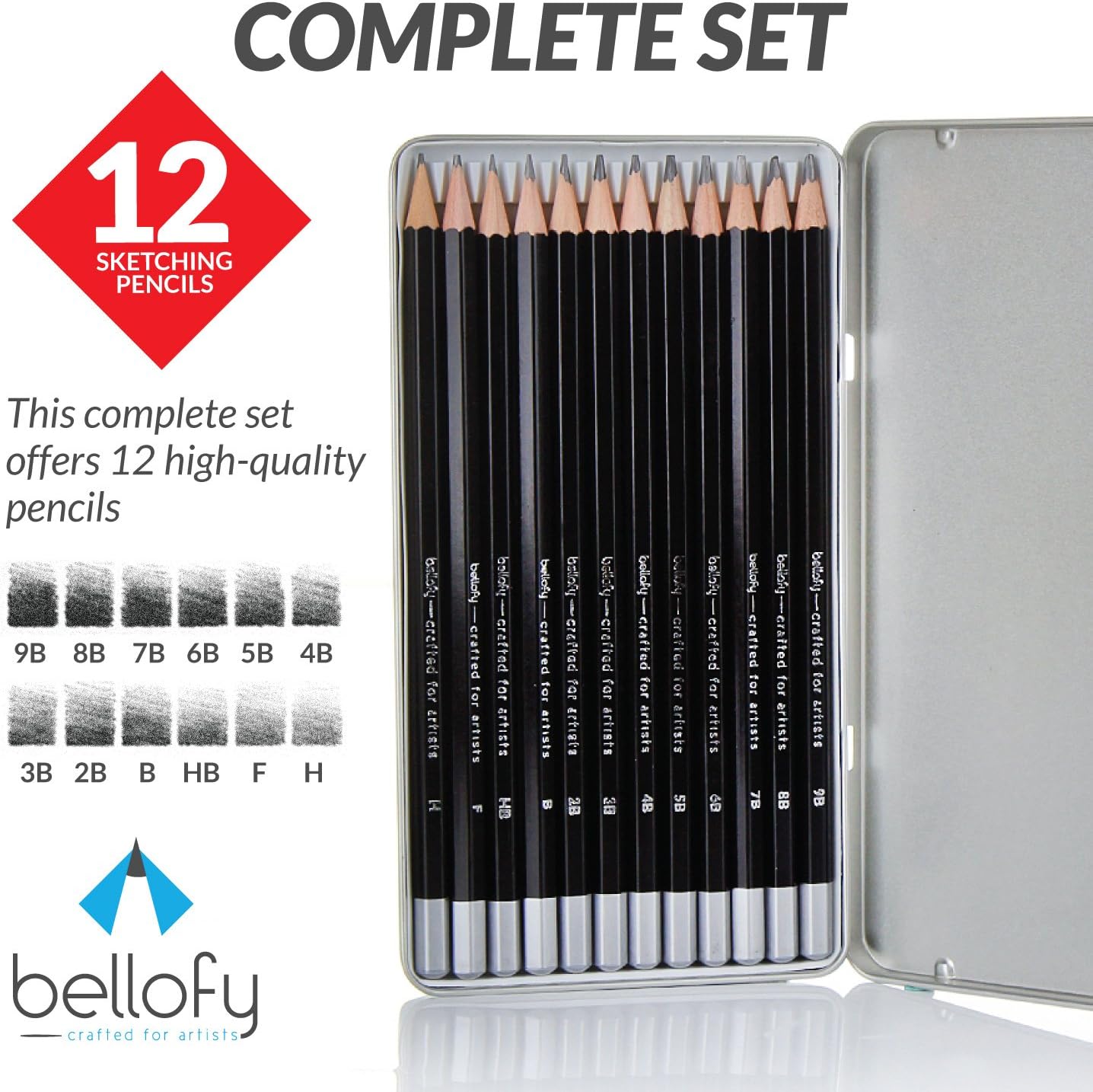 Bellofy 12 Drawing Pencils - Art Pencils Sketch Travel Set Artists Drawing Kit - 9B, 8B, 7B, 6B, 5B, 4B, 3B, 2B, B, HB, F, H - Precision Graphite Pencils for Adults & Kid Artists : Office Products