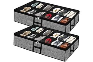 Meerainy Under Bed Shoe Organizer Storage for Closet 2 Pack- Fits 24 Pairs Underbed Shoes Container Boxes with H Shap Sturdy Handles and Clear Window,Foldable Shoe Rack Holder,Black