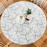 LIBERECOO Round Vinyl Fitted Tablecloth with Flannel Backing Elastic Edge Table Cover Waterproof Stain-Resistant Wipeable Tablecloths Fits 45-56" Round Tables