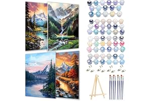 Pretyps Paint by Numbers Kit for Adults Framed Canvas, 4 Pack with Wooden Easel,Paint by Numbers for Kids Ages 8-12, Four Seasons Mountain DIY Acrylic Landscape Oil Painting Arts Crafts, 9.45x11.8inch
