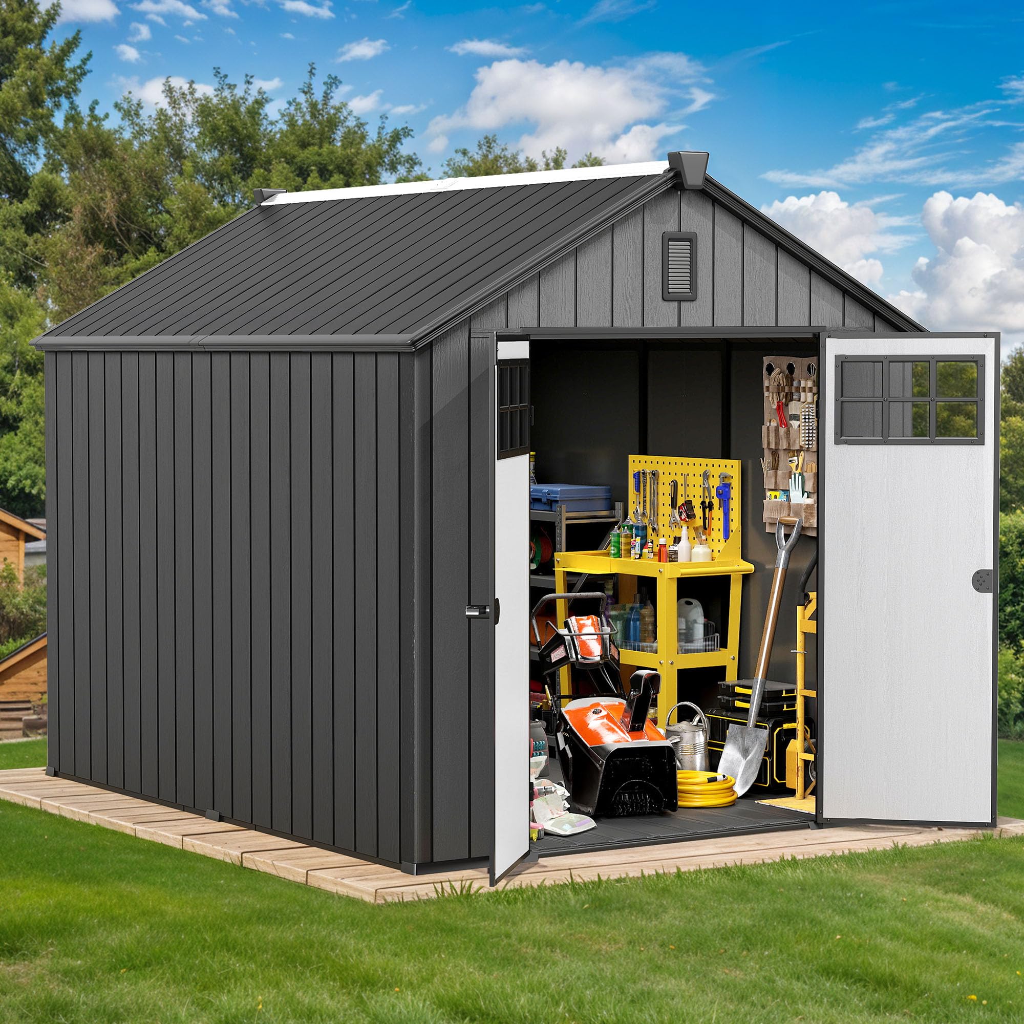 Photo 1 of DWVO 8x10 FT Outdoor Storage Shed, 544 cuft Plastic Storage Shed with Floor & Lockable Door, All-Weather Tool Garden Shed with Window & Vent for Patio Furniture, Lawn Mower, Bike, Pool Supplies, Gray