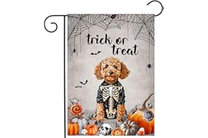 DZGLOBAL Halloween Golden Doodle Garden Flag Trick or Treat Yard Flag Ghost Dog Garden Flags for Outside 12x18 Double Sided Small Dachshund Skeleton Halloween Decor Outdoor Lawn Welcome Flag