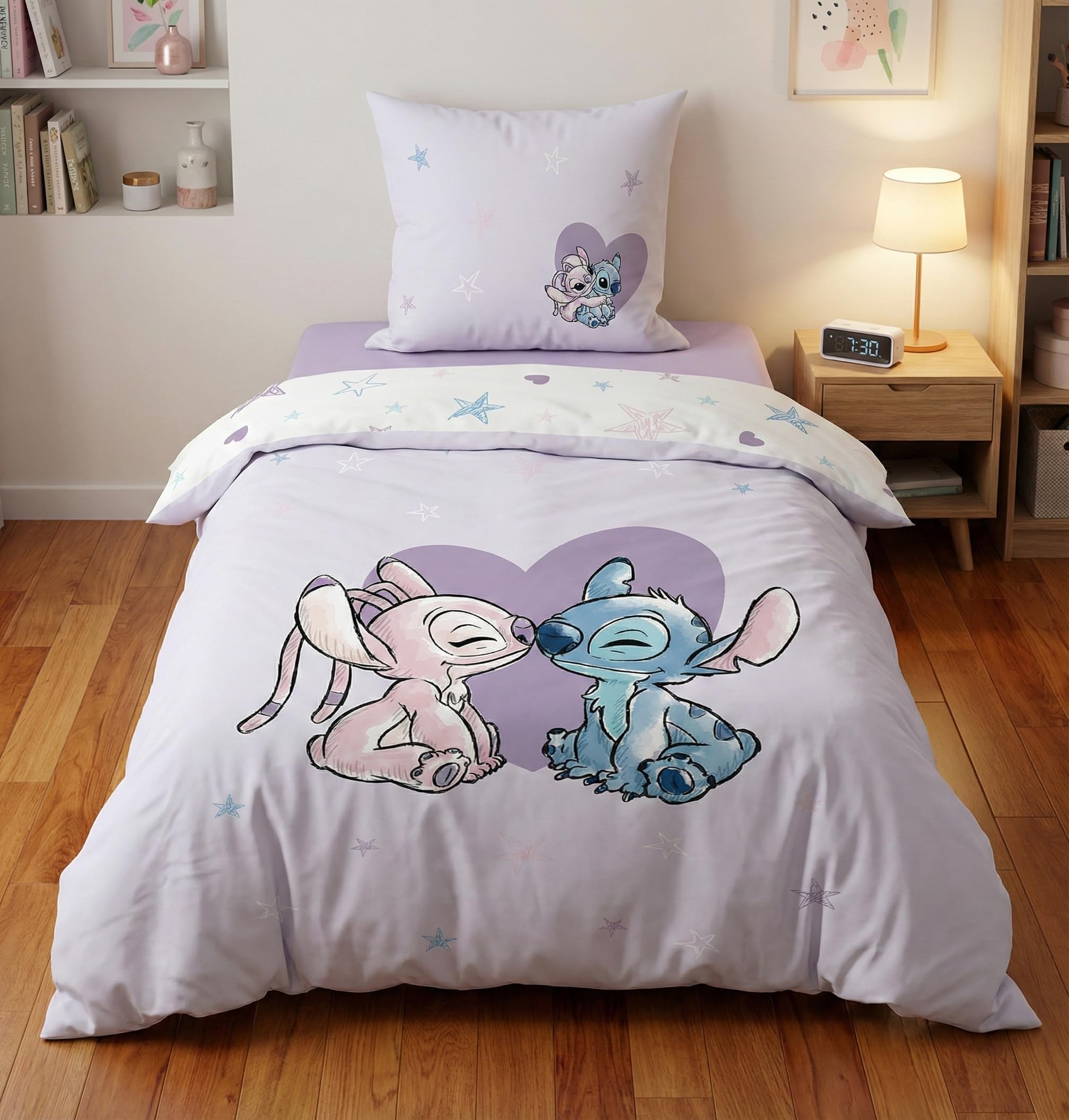 Jerry Fabrics Stitch and Angel Heart Bedding Set, 100% Cotton, Reversible Duvet Cover 140 x 200 cm + Pillowcase 65 x 65 cm