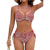 Blooming Jelly Womens Sexy Bikini Set Mid Rise Striped Crinkle Side Tie Two Piece Swimsuit High Cut Cheeky Bathing Suit