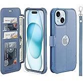 VANAVAGY Compatible for iPhone 15 Wallet Case, PU Leather Flip Folio Cover with Wrist Strap RFID Blocking Card Holder for Wireless Charging,[Screen Protector & Camera Cover],Blue