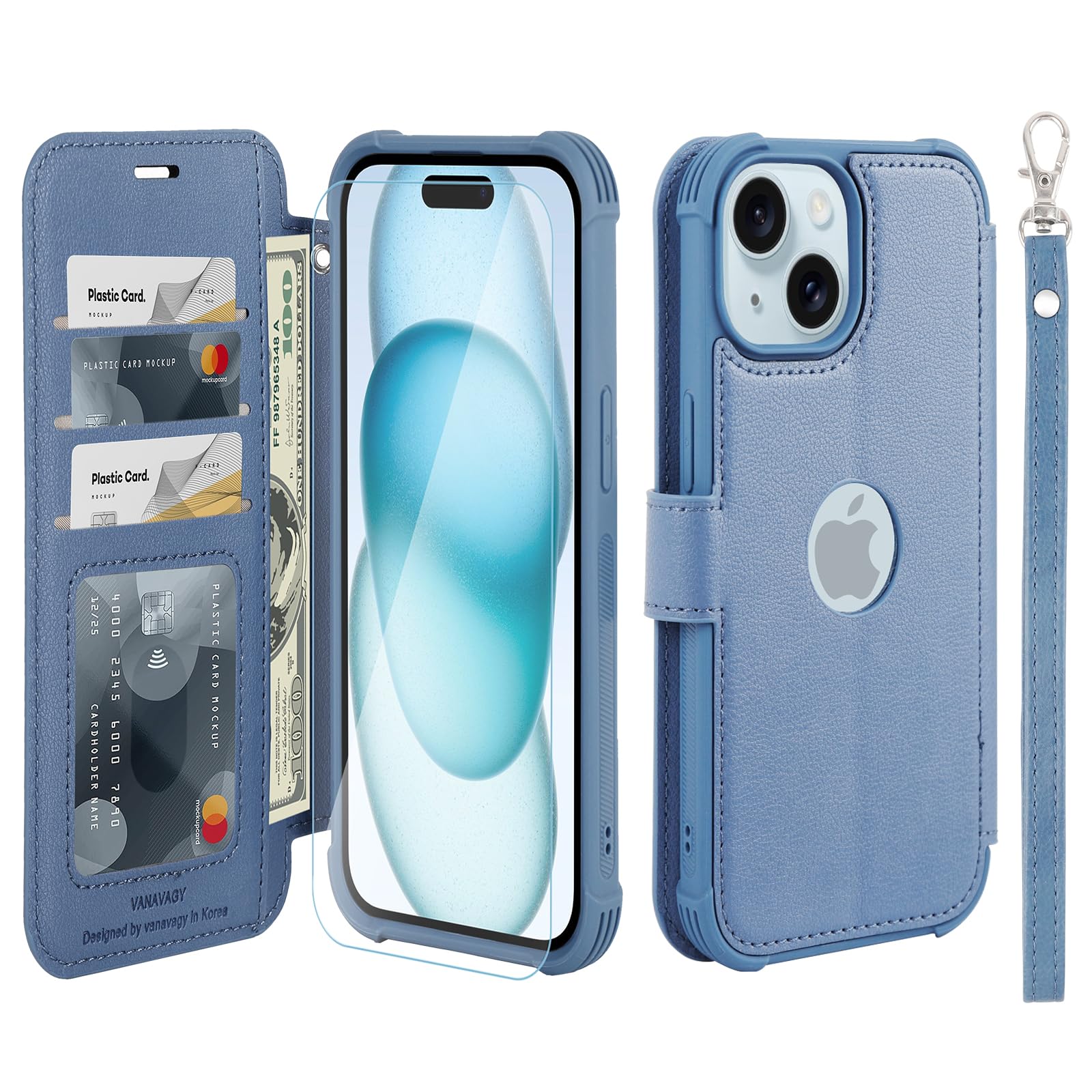 VANAVAGY Compatible for iPhone 15 Plus/14 Plus Wallet Case, 12ft Drop Protection, RFID Blocking PU Leather Flip Cover, Card Holder & Kickstand, Shockproof Phone Case,Blue — image 1