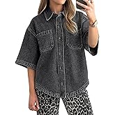Kedera Women's Denim Shirt Casual Button Down Short Sleeve Jean Shirts Casual Top Outfits Trendy