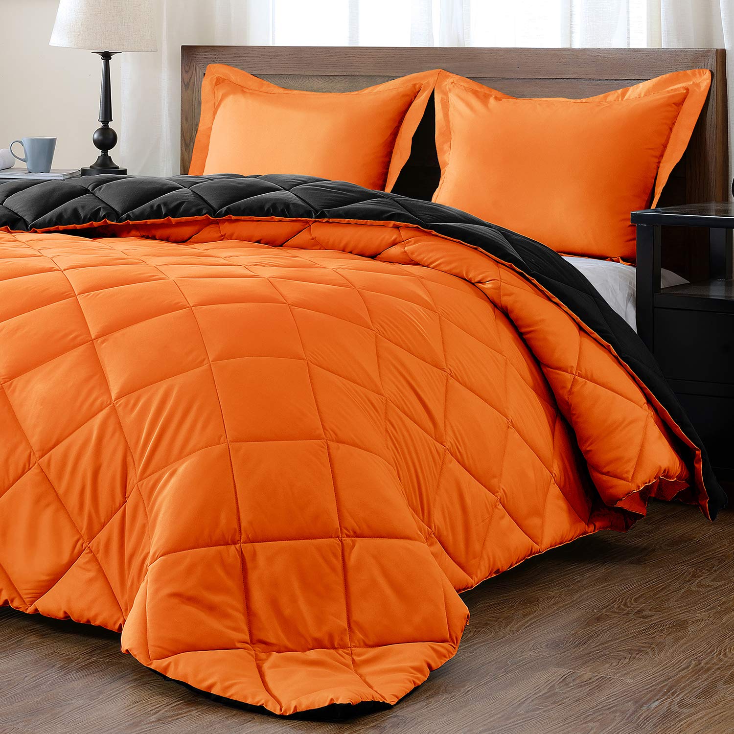 downluxe Lightweight Solid Comforter Set (King) with 2 Pillow Shams - 3-Piece Set - Orange and Black - Down Alternative Reversible Comforter