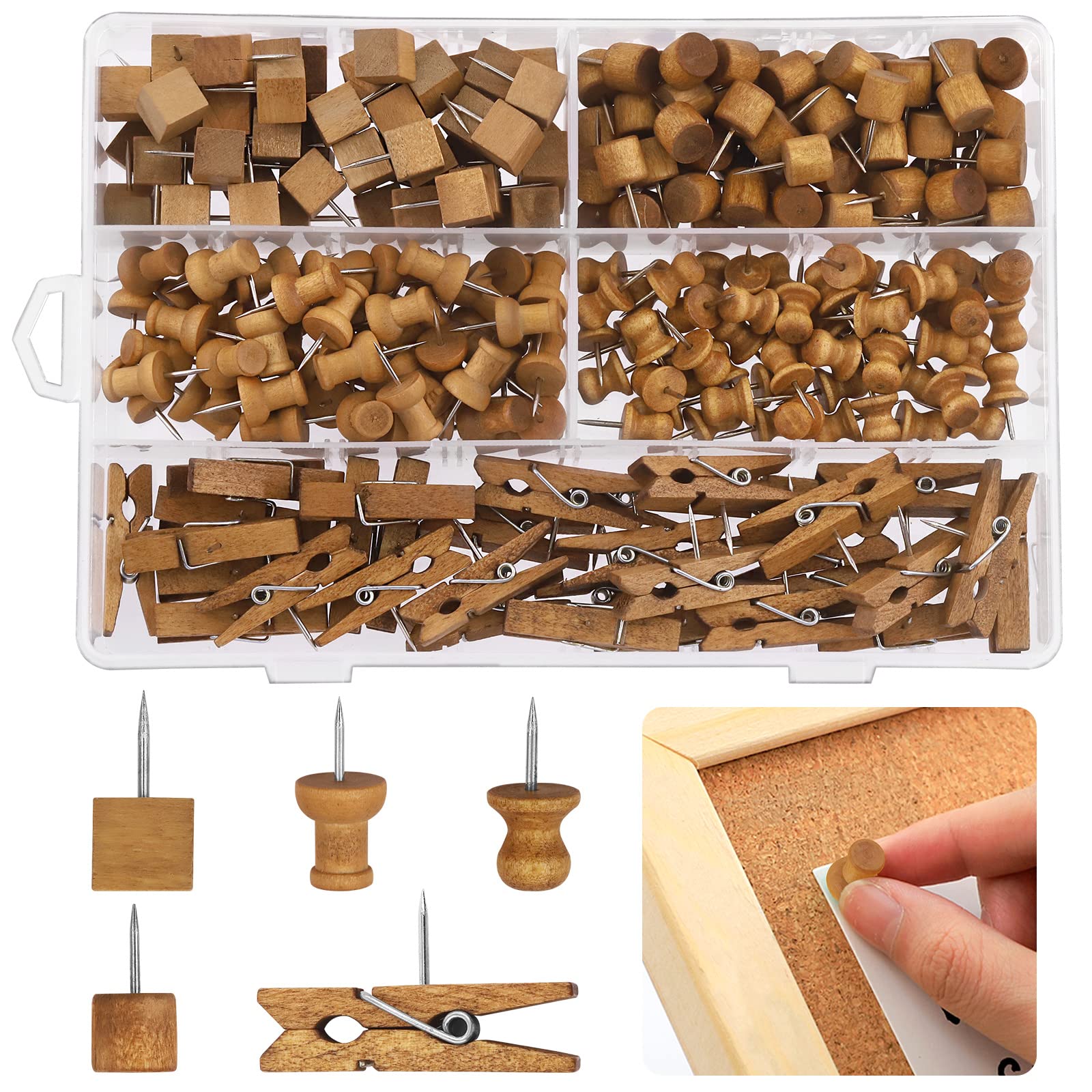 Mardatt 250 Pcs 5 Type Push Pins Set Wooden Steel Point Thumb Tacks Pushpins Decorative Drawing Pins for Cork Bulletin Board Photos Documents with Box (Brown)