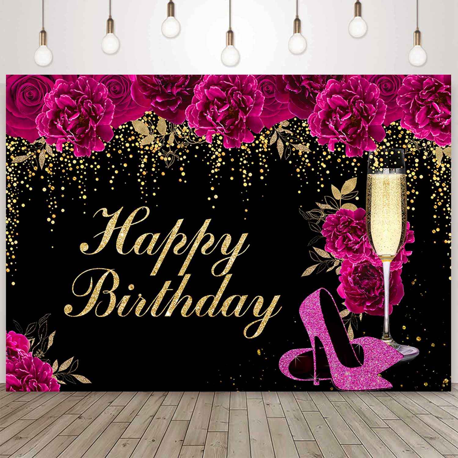 Photo 1 of Sensfun 7x5ft Floral Hot Pink Birthday Backdrop Magenta Flowers High Heels Photography Background Glitter Women 30th 40th 50th 60th Birthday Decorations Banner Cake Table Party Supplies