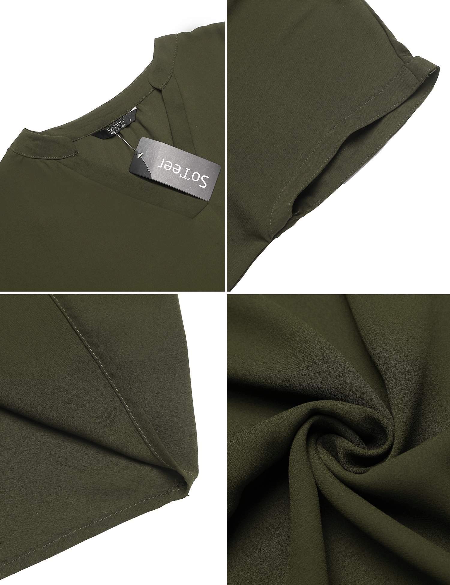 SUNAELIA Women Chiffon Blouse V Neck Short Sleeve Casual Top Shirts for Summer Army Green