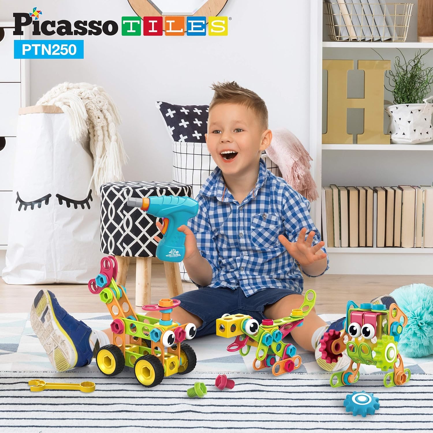 PicassoTiles STEM Learning Toys 250 Piece Building Block Kids Construction Engineering Kit Toy Blocks Children Early Education Playset w/Free IdeaBook, Power Drill, Clickable Ratchet, Age 3+ PTN250