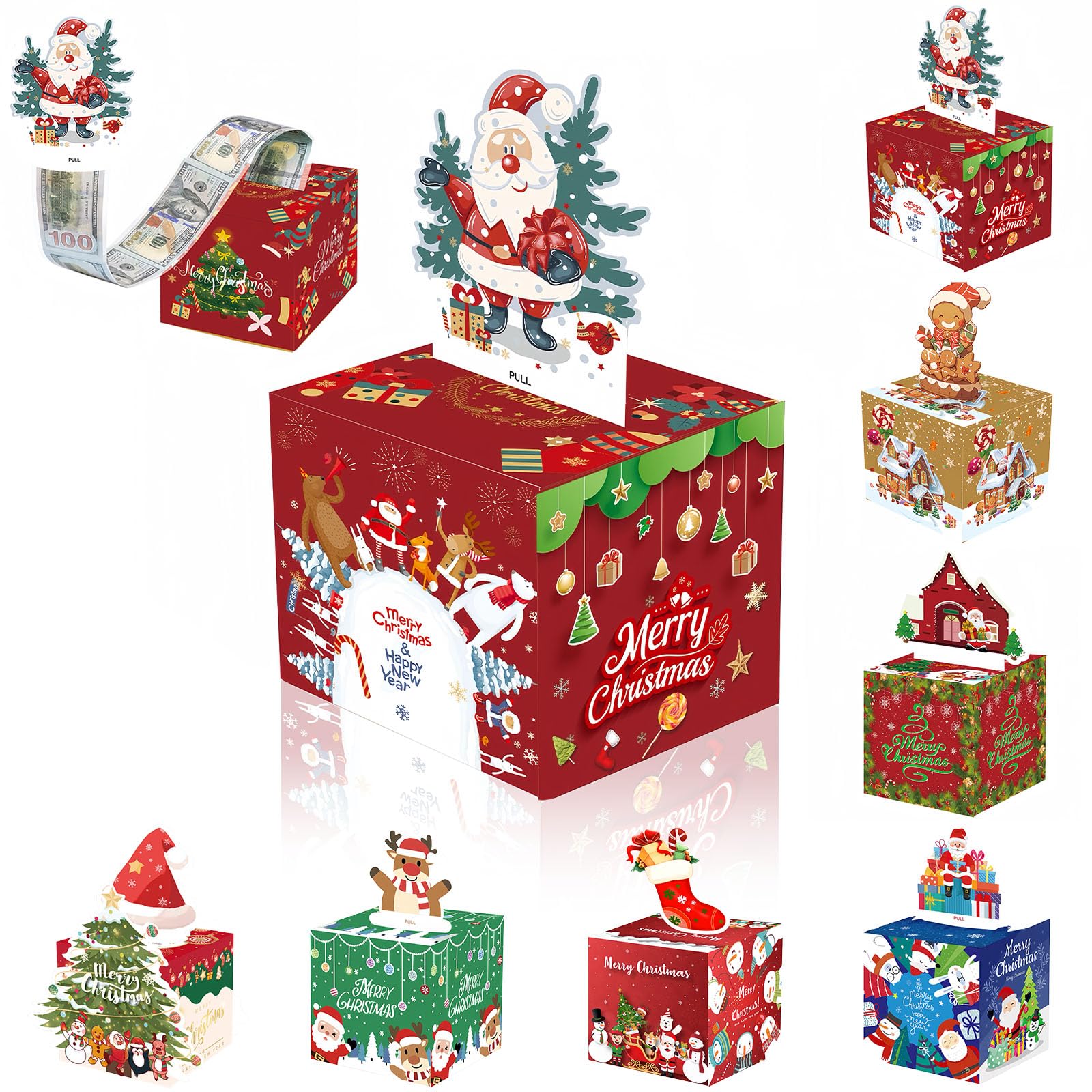 Christmas Money Pull Box,Christmas Money Gift Box Pull Surprise Money Pull Pouch for Kids/Adult,Xmas Money Box for Cash,Money Cake Pull out Cash with Xmas Card and 50P Bags,Money Reveal Box Xmas Party