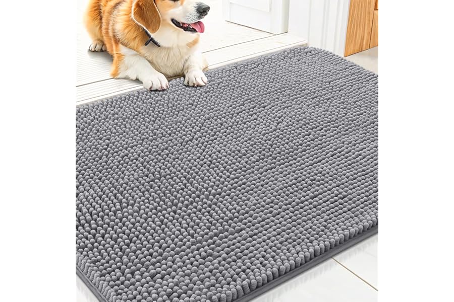 Smiry Dog Door Mat for Muddy Paws 30x20, Absorbs Moisture and Dirt Doormat, Non-Slip Washable Quick Dry Chenille Front Door Mat Indoor Entrance, Entryway Carpet for Inside Floor, Grey