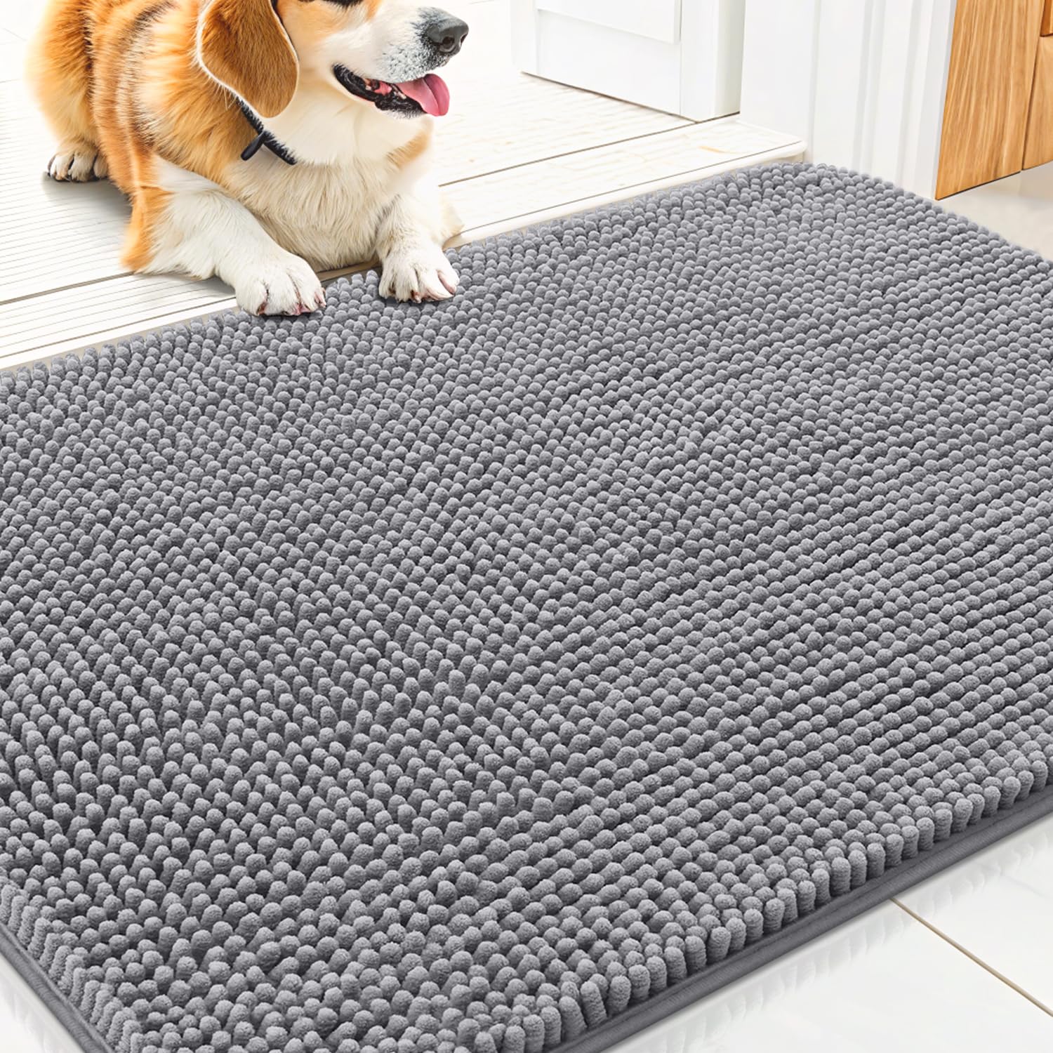 Photo 1 of Smiry Dog Door Mat for Muddy Paws 30x20, Absorbs Moisture and Dirt Doormat, Non-Slip Washable Quick Dry Chenille Front Door Mat Indoor Entrance, Entryway Carpet for Inside Floor, Grey