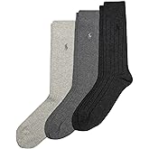 POLO RALPH LAUREN Mens Cotton Ribbed Dress Socks - 3 Pair Pack Soft And Lightweight Comfort Rib Crew, Charcoal, 6-12.5 US