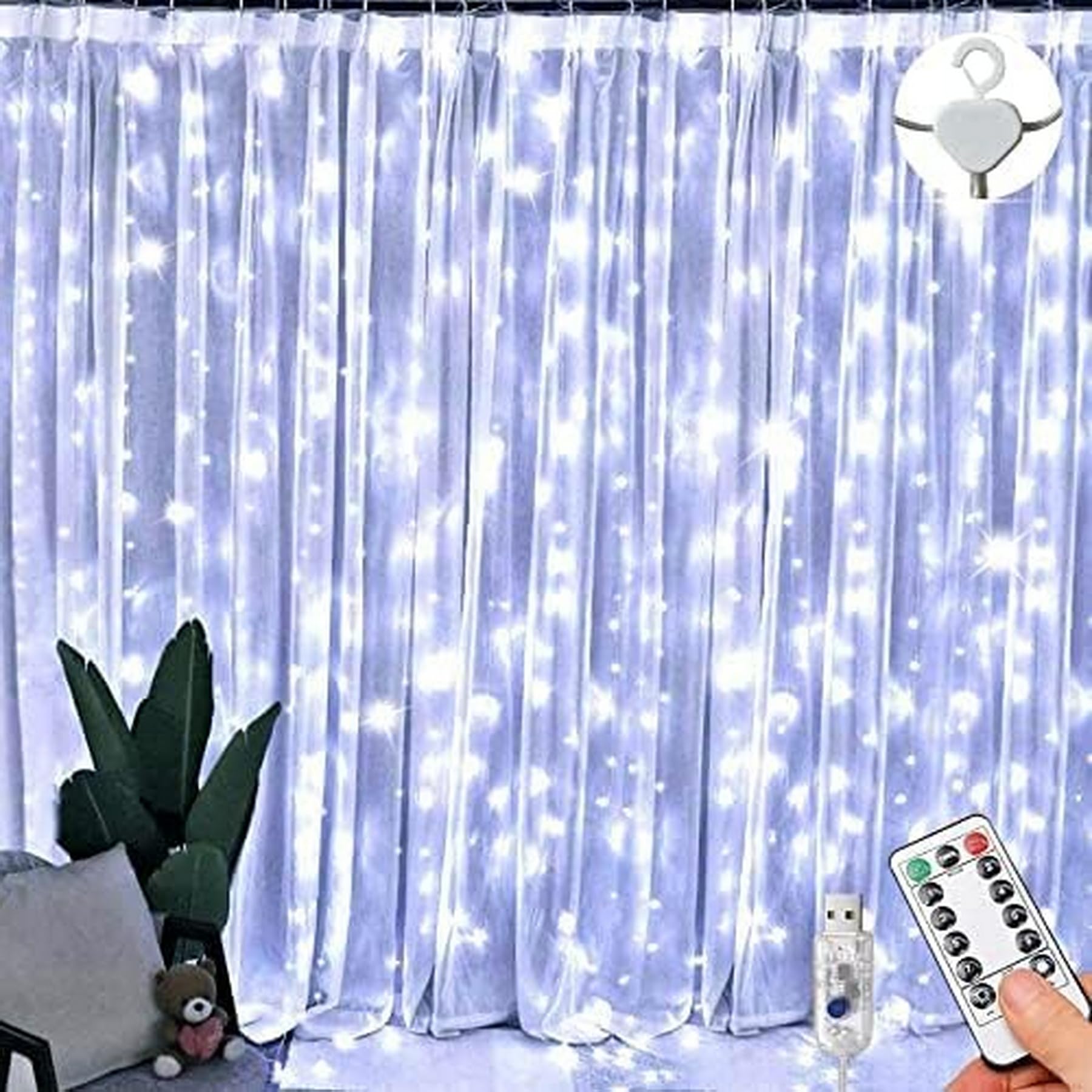 Lezonic Curtain String Lights Waterproof, 3m×3m 300LED 8 Modes Remote Control Timer Adjustable Brightness,Curtain Fairy Lights Plug in for Bedroom, Garden, Party, Wedding, Christmas (Cold White) — image 1