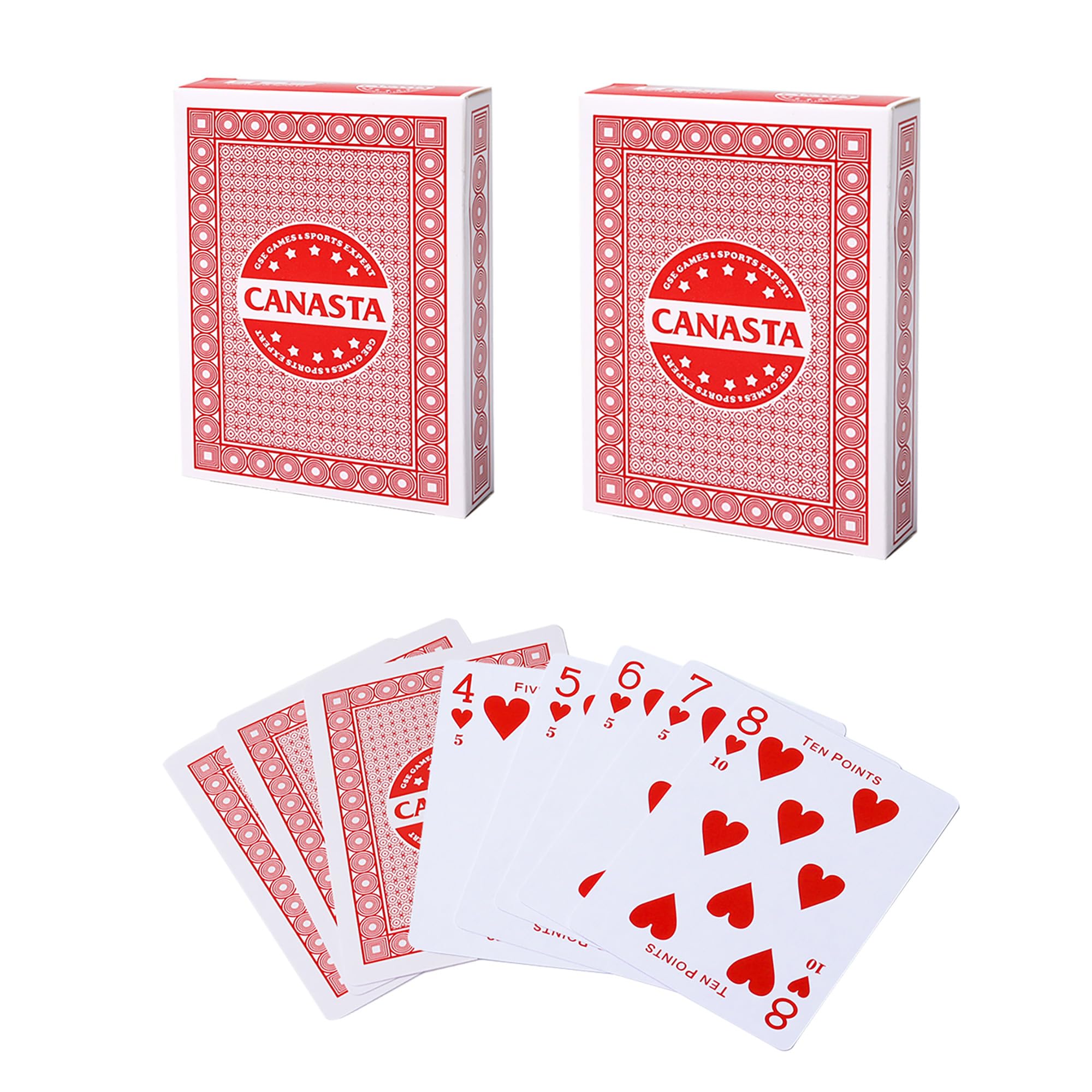 GSE Games & Sports Expert 2-Deck Canasta Cards with Point Values, Includes Canasta and Hand & Foot Game Rules, Traditional Rummy Game Playing Cards (Red)