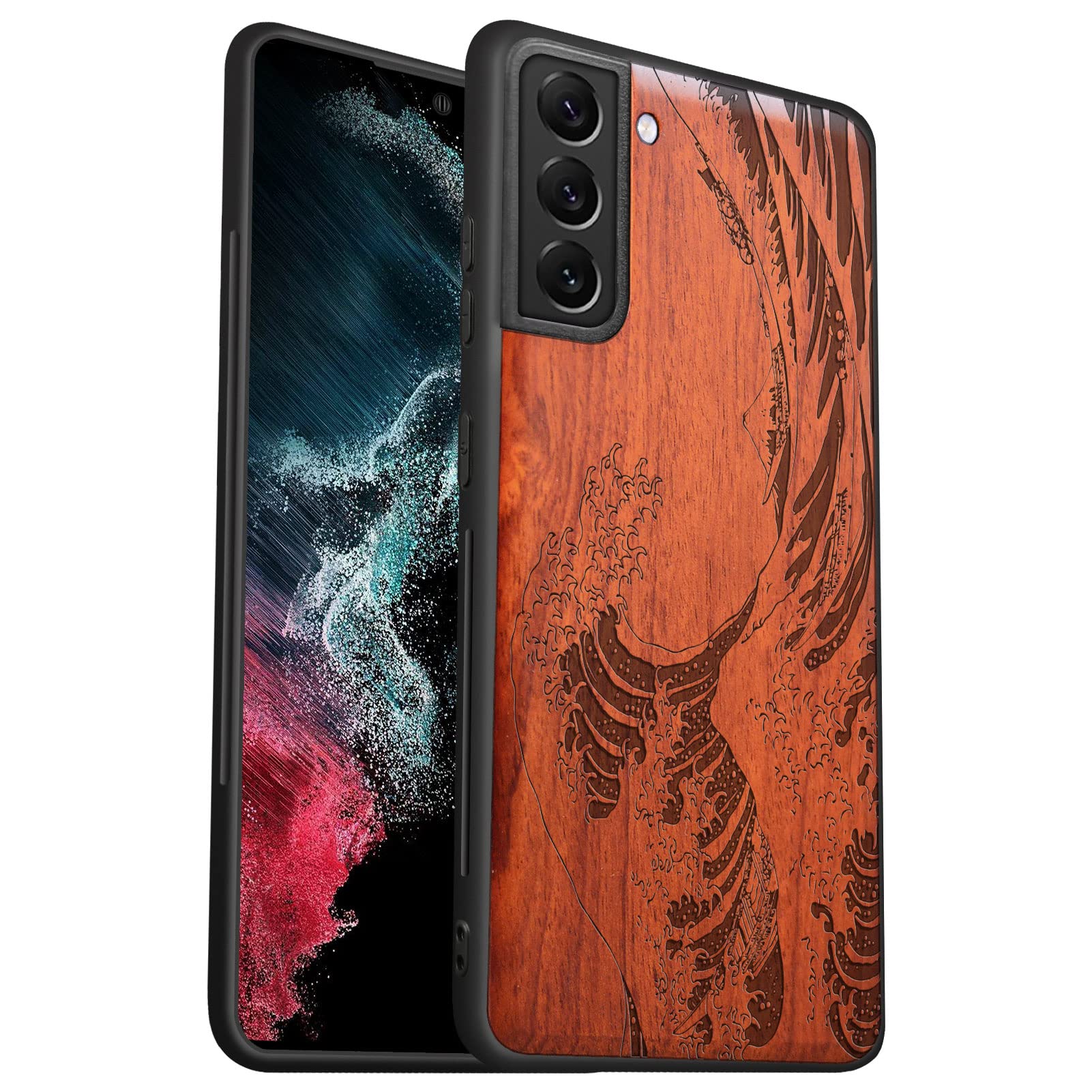 Carveit Wood Case for Galaxy S22+ Case 2022 [Hard Real Wood & Soft TPU] Shockproof Hybrid Protective Cover Unique & Classy Wooden Case Compatible with S22 Plus Case (Wave Off Kanagawa -Rosewood)