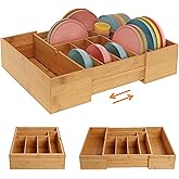 BAMEOS 3.9inch Tall Bamboo Drawer Organizer, Expandable Utensil Holder with 8 Compartments, Adjustable Kitchen Drawer Divider for Flatware, Silverware and Gadgets, Deep Storage for Home and Office