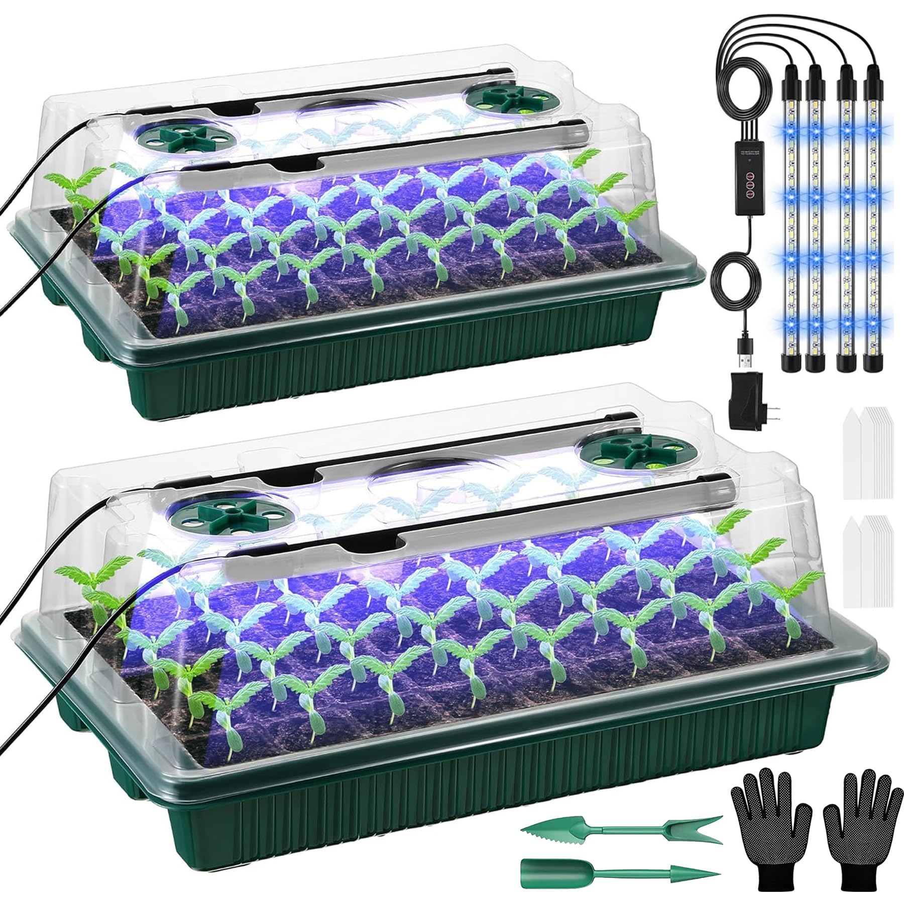 VEEKAY Germination Tray, 2 Pieces 80 Cells with Full Spectrum Solar Light, Adjustable Brightness and Timing Controller, Adjustable Humidity, with Plant Labels, Tools