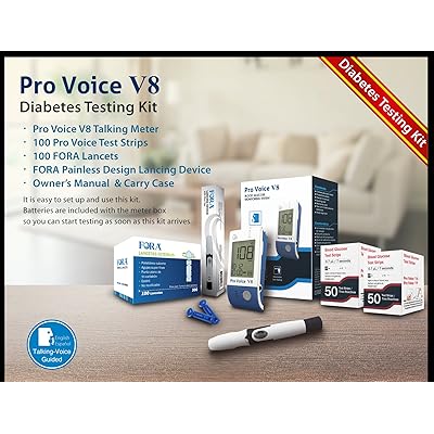 Pro Voice V8 Diabetes Testing Kit, Accurate and Easy Monitoring Your Blood Glucose with Talking Glucometer, 1 Meter, 100 Test Strips, 100 Lancets, 1 Painless Design Lancing Device, Carry Case