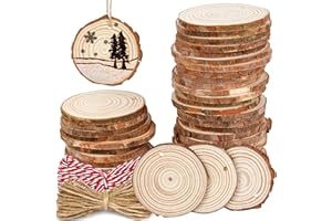 50 Pieces 2.4"-2.8" Natural Wooden Slices,Colovis Unfinished Wood Circles with Holes Tree Bark Round Log Discs DIY Crafts Hanging Ornaments (50 Pcs, Natural Wood)