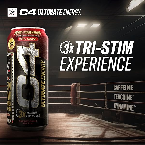 CELLUCOR C4 ULTIMATE X WWE | PRE WORKOUT SUGAR FREE ENERGY DRINK | TRI-STIM EXPERIENCE WITH 300MG CAFFEINE + TEACRINE + DYNAMINE | BERRY POWERBOMB | 16OZ (PACK OF 12)