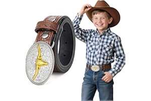 Kids Western Belt for Boys Girls Toddlers Embossed Cowboy Cowgirl Genuine Leather Western Buckle Belts for Jeans Gifts