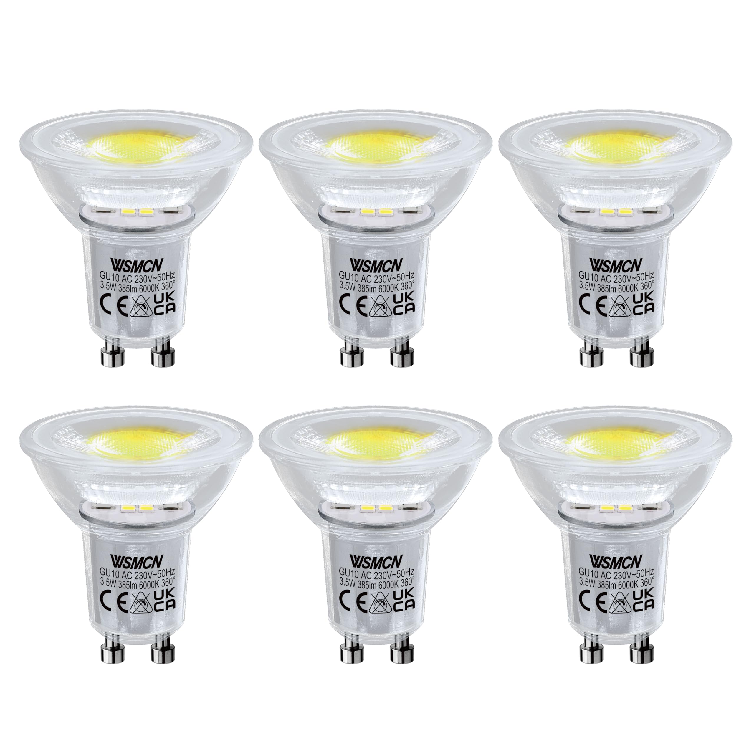 WSMCN GU10 LED Bulbs 3.5W, Cool White 6000K, Non Dimmable, 50W Spotlight Equivalent, 385 LM, 38° Spot Light Bulb 360° Beam Angle, Pack of 6 — image 1