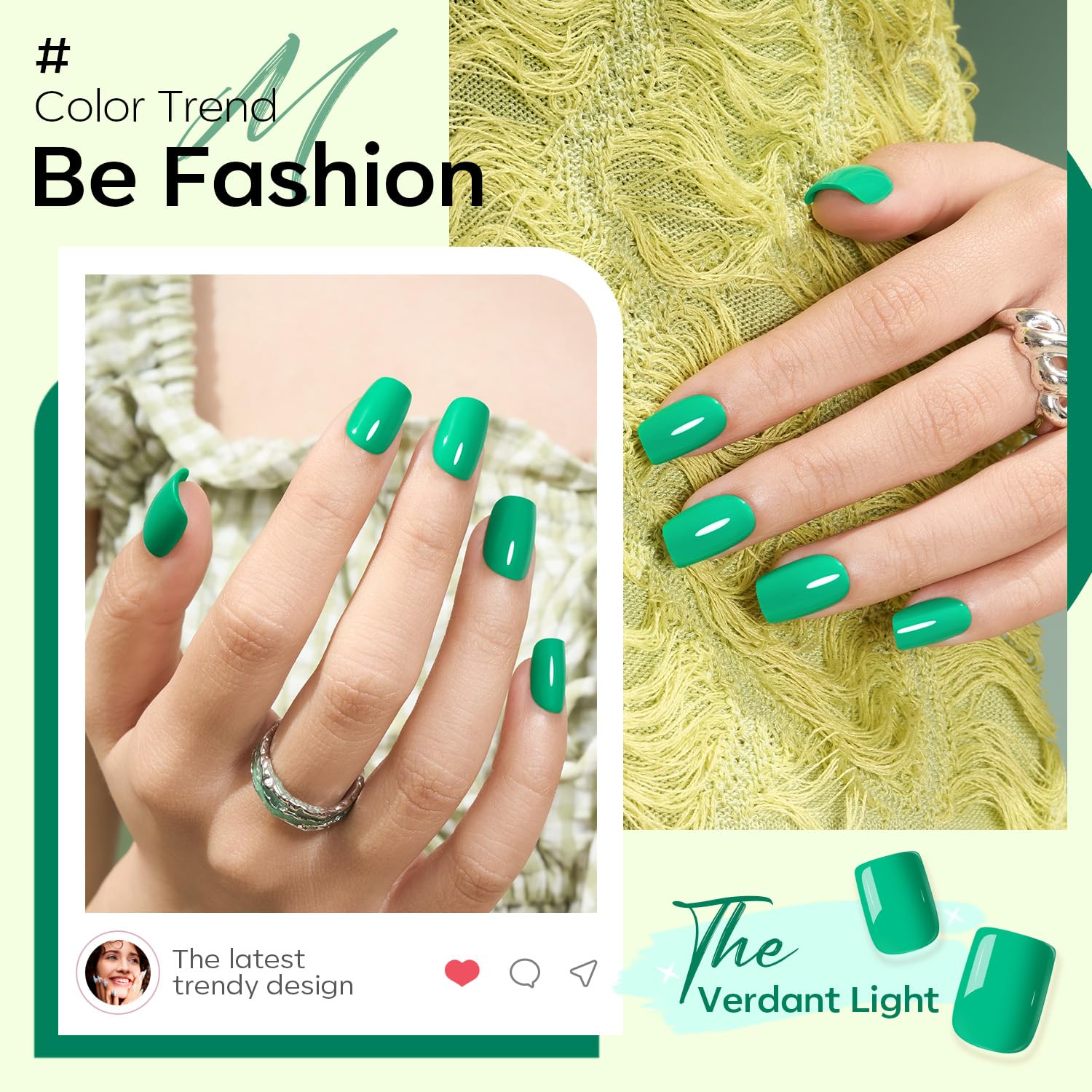 Modelones Green Press on Nails, Spring Easter Short Square Fake Nails, Summer Spring Reusable Nail Kit with Nail Glue Adhesive Tabs Mini Nail File, Nails Press Ons 32Pcs16 Sizes, Women Girl Gift - Image 2