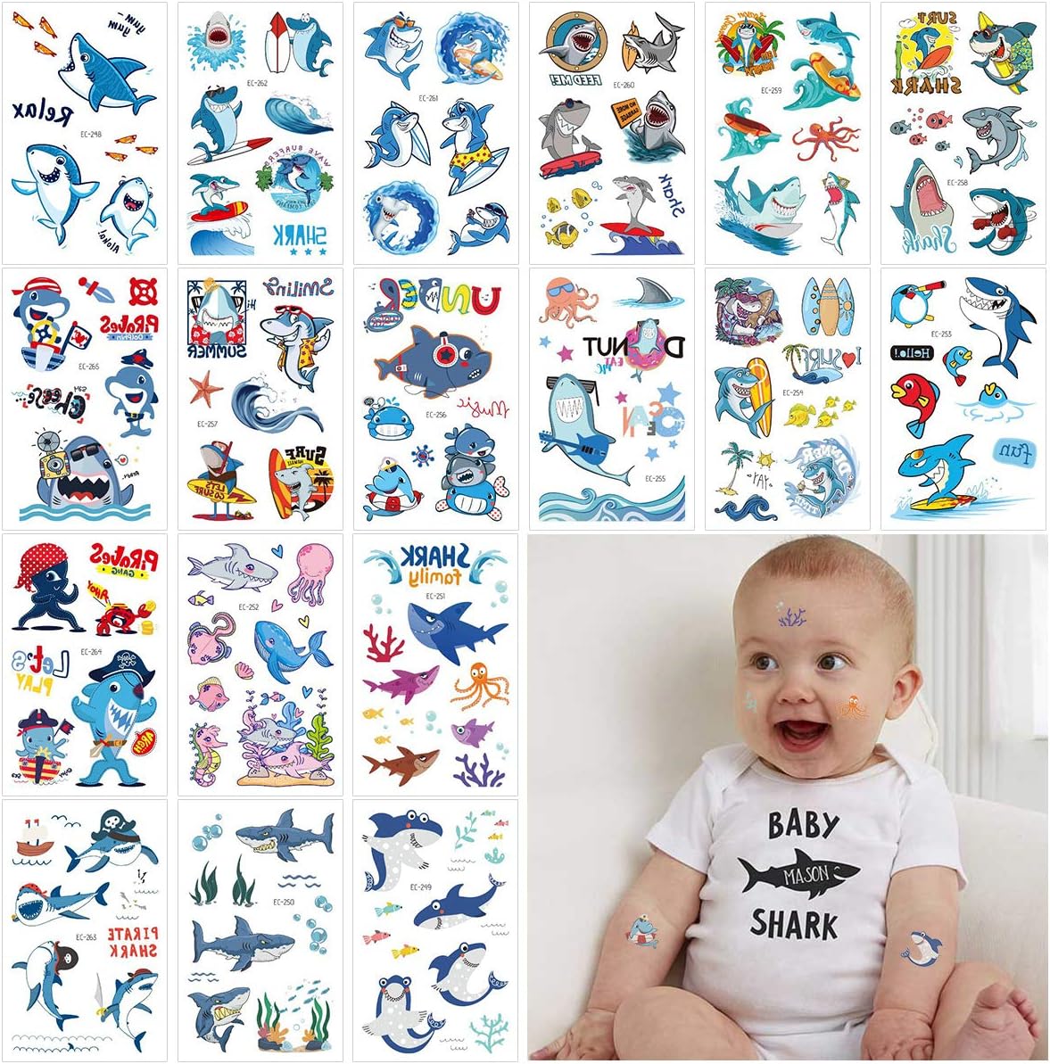 Kids Shark Temporary Tattoos, 18 Sheets Various Ocean Shark Fish Tattoo Body Stickers Accessories for Kids Baby Shark Theme Birthday Baby Shower Party Favor Supplies Decorations