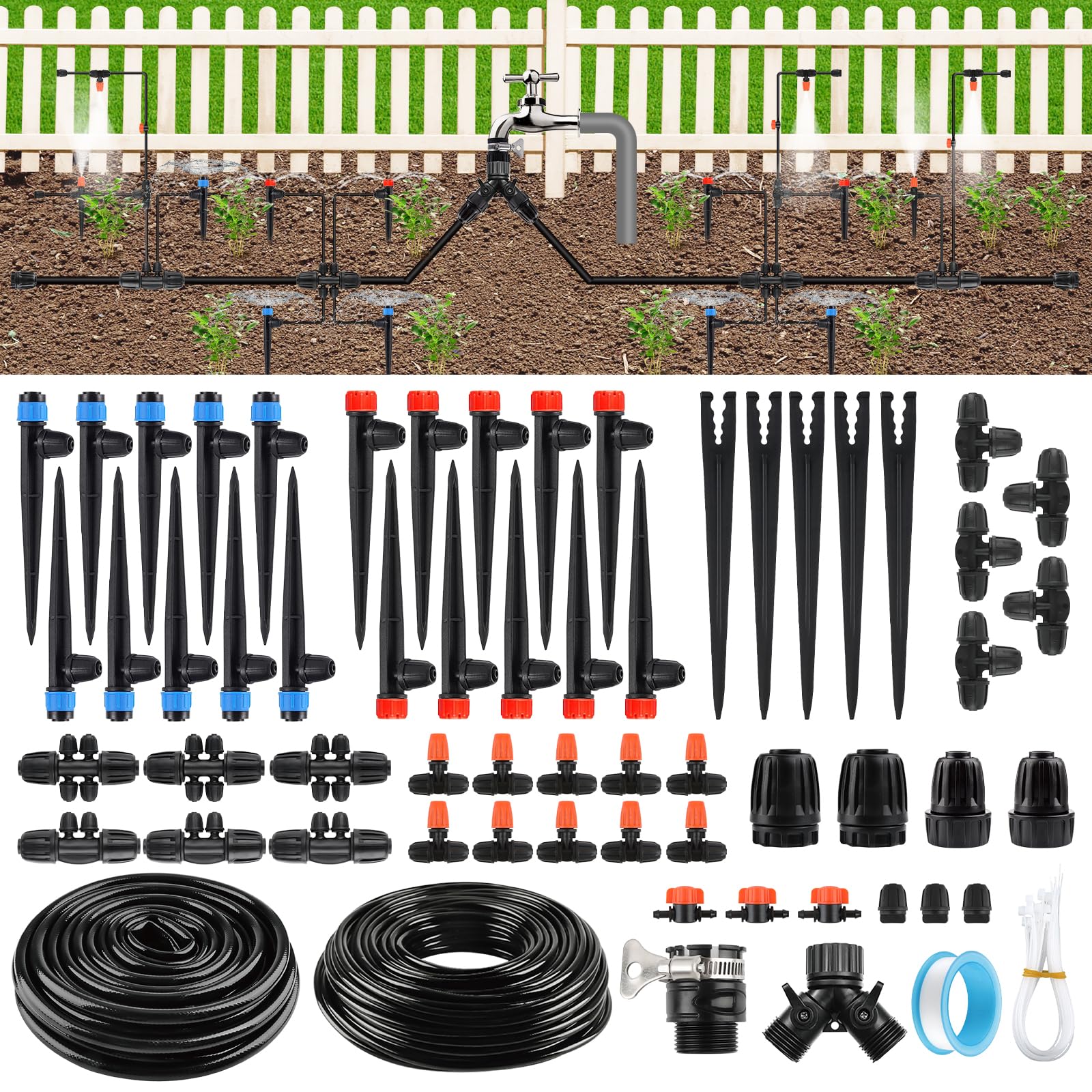 Photo 1 of 207FT Automatic Drip Irrigation Kits, Kalolary 1/4" 1/2" Adjustable Garden Watering System with 4/7mm 16mm Tube Drip Emitters Locked Fittings Drip Irrigation Parts System for Greenhouse Raised Beds