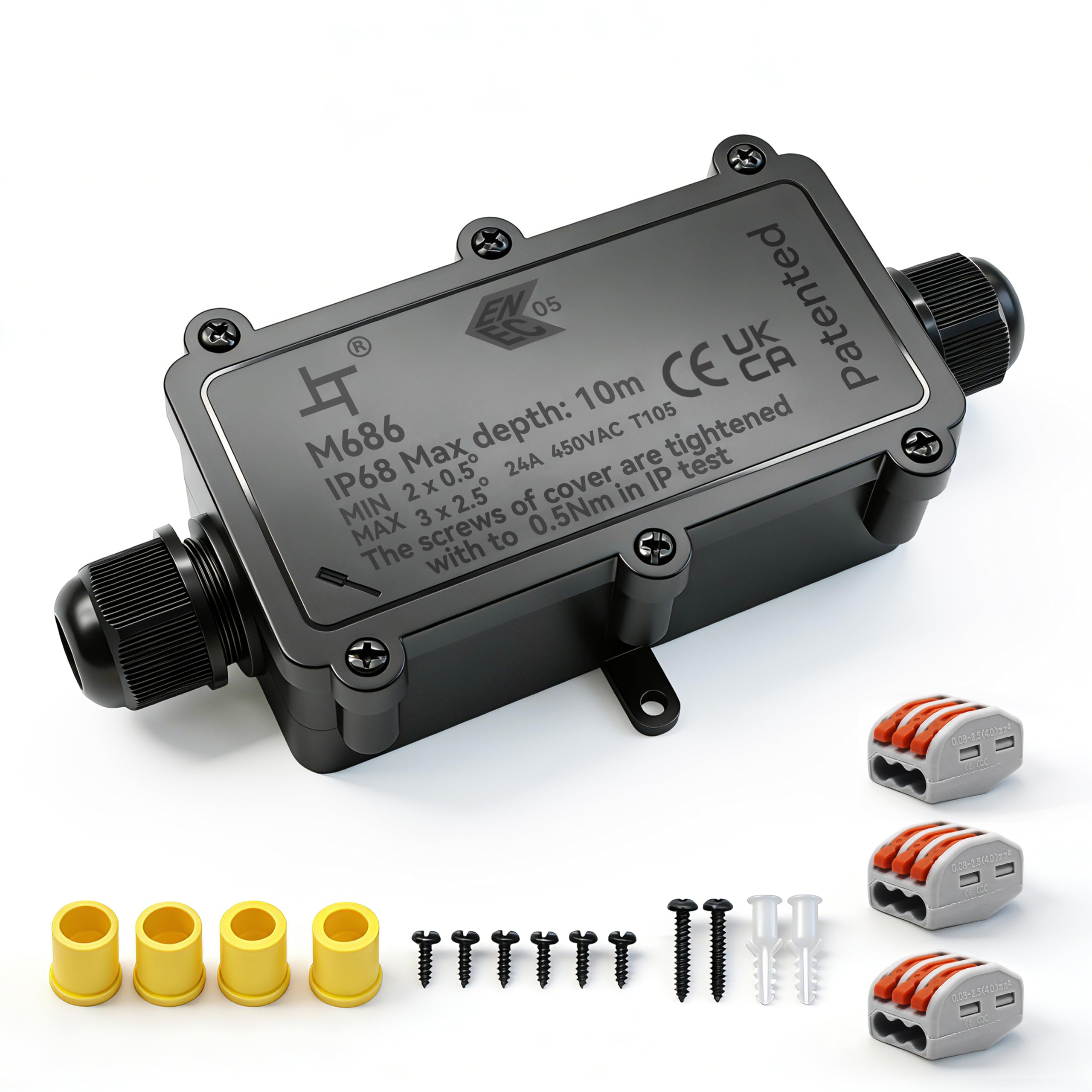 IP68 Waterproof Junction Box, HUYU 2-Way Water-Resistance Cable Connector, Larger Junction Box Outdoor Waterproof Earth Cable Black Electrical Box -2