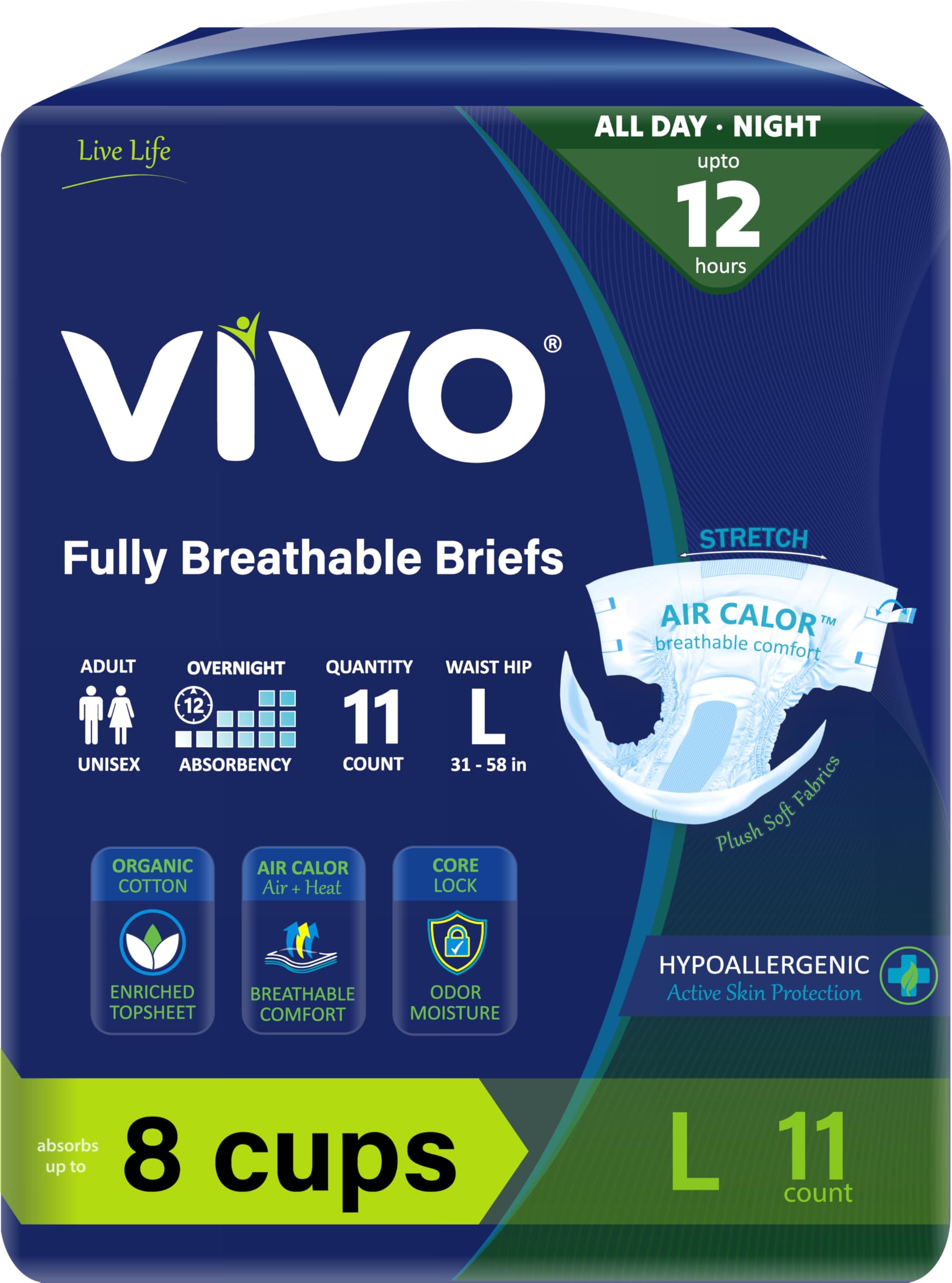 Photo 1 of VIVO Organic Cotton Overnight Sensitive Skin Adult Incontinence Diaper Briefs with Tabs, Large 2 Packs of 11
