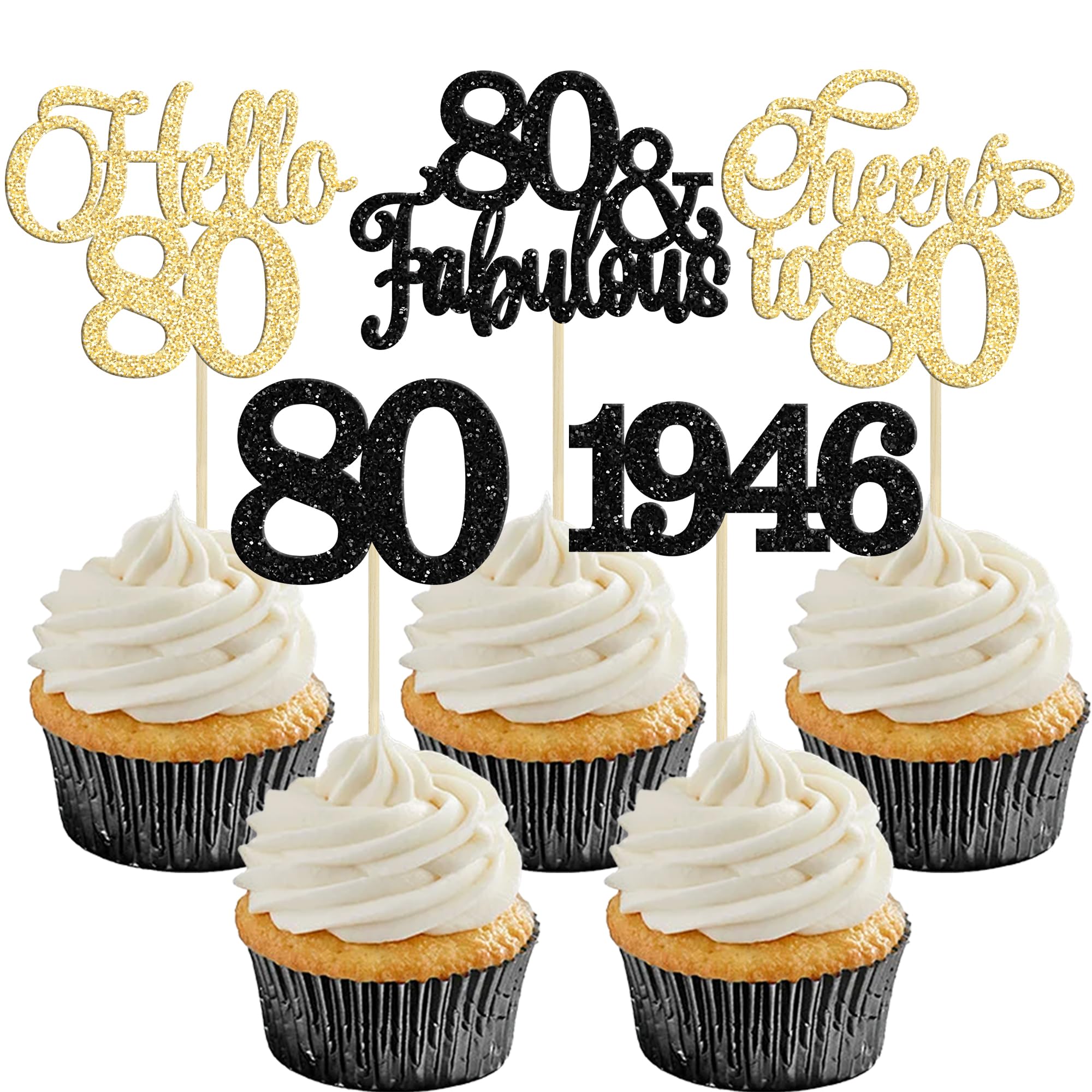 Gyufise 30Pcs 80th Birthday Cupcake Toppers 80 Fabulous Cupcake Picks Cheers to 80 1946 Cake Decorations for Happy 80th Birthday Wedding Anniversary Party Decoration Supplies Gold Black