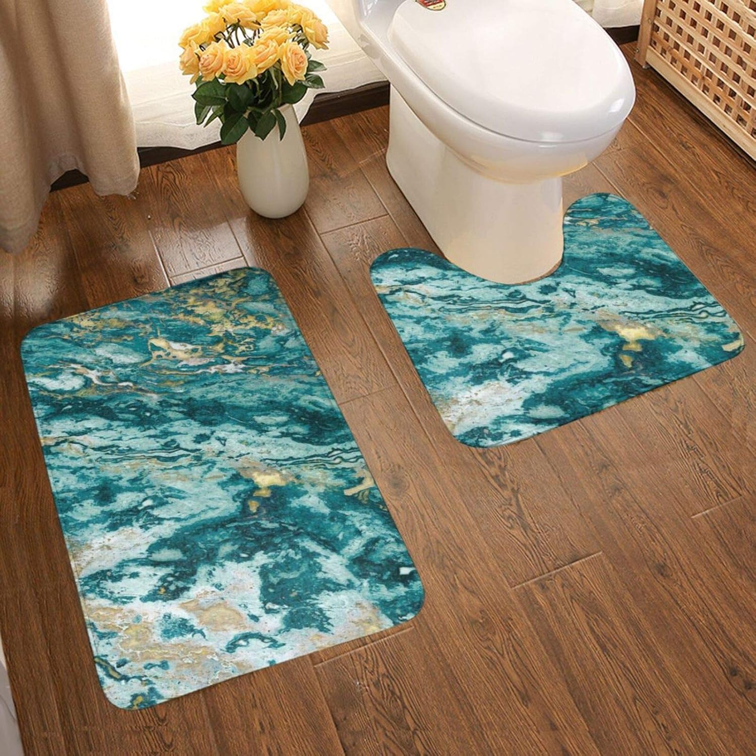 Amazon Com Dpqz Bathroom Rugs Sets 2 Piece Turquoise And Gold Marble Texture Golden Non Slip Shower Bath Mats U Shape Contour Toilet Rug Mat Home Kitchen