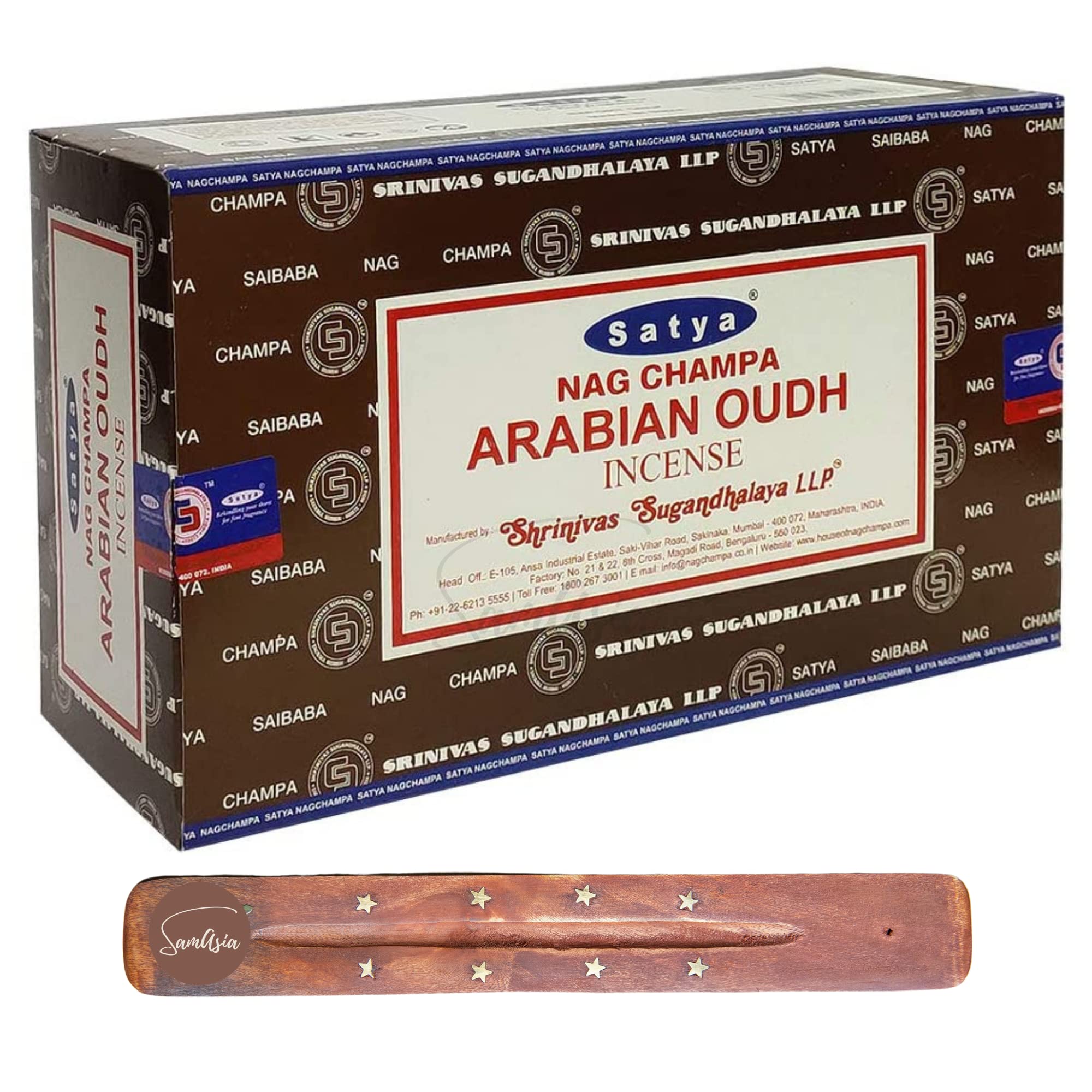 Satya Nag Champa Arabian Oodh Incense Sticks | x12 pack | with SAMASIA incense sticks holder | Used for Aromatherapy, Spa, Yoga, Weddings, Meditation, Healing, Positivity and Relaxation
