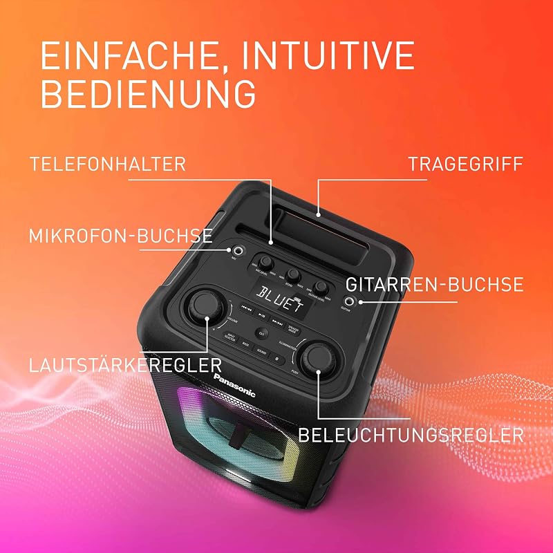SC-BMAX10E-K Tragbarer Party-Lautsprecher mit Bluetooth, integrierter Beleuchtung, 150 W, USB, optischem Eingang für TV, Gitarren- & Mikrofoneingängen für Karaoke, Schwarz
