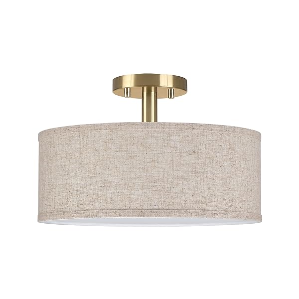 12 INCH DRUM GOLD SEMI FLUSH MOUNT CLOSE TO 3 LIGHT CEILING LIGHT FIXTURE,LINEN FABRIC SHADE FOR BEDROOM,LIVING ROOM,DINING ROOM HALLWAY