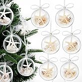 6PCS Beach Clear Christmas Ornaments Balls 3" Handmade Natural Sea Shells and Starfish Balls Ornaments for, Beach Coastal Nautical Christmas Hanging Ornaments, Party Favors, Xmas Tree Decorations