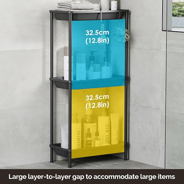 ORIMADE RUSTPROOF 3 TIER FLOOR STANDING SHOWER CADDY ORGANIZER, PLASTIC METAL SPLICING FLOOR SHELF RACK STANDS FOR BATHROOM KITCHEN,15.35 X 29.33 X 7.87’’, BLACK