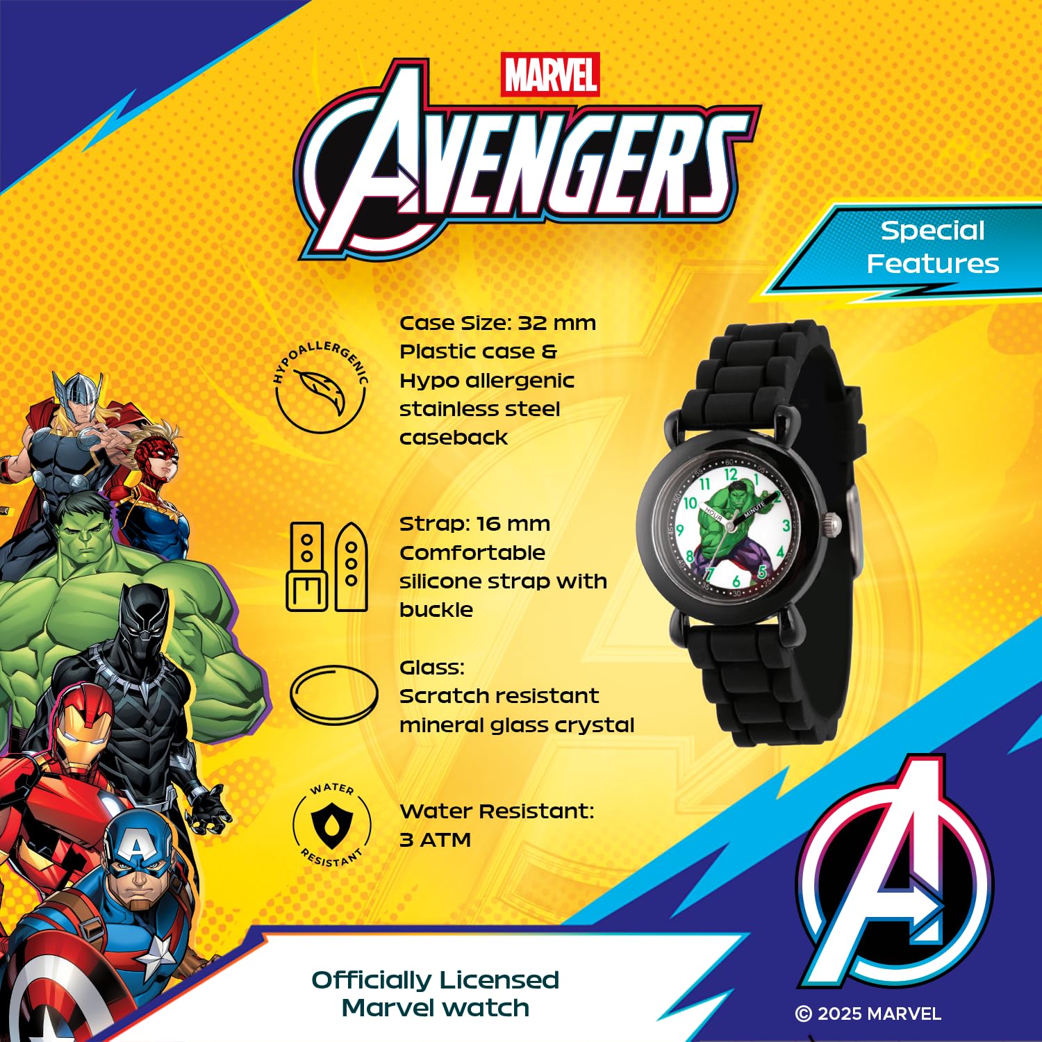 Marvel Hulk Watch for Boys Ages 3–7 – Featuring Heroic Hulk Character Dial – Avengers Gift for Kids Who Love Superhero Toys – Black Bezel with Bold Face and Comfortable Black Silicone Strap