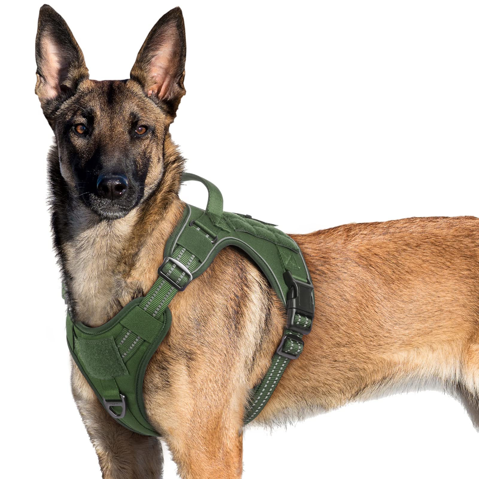 rabbitgoo Dog Harness Large Dog No Pull, Tactical Adjustable Pet Harness with Molle Panel, Breathable Military Vest, Reflective Walking Vest with Easy Control Handle for Training Walking, Green, XL