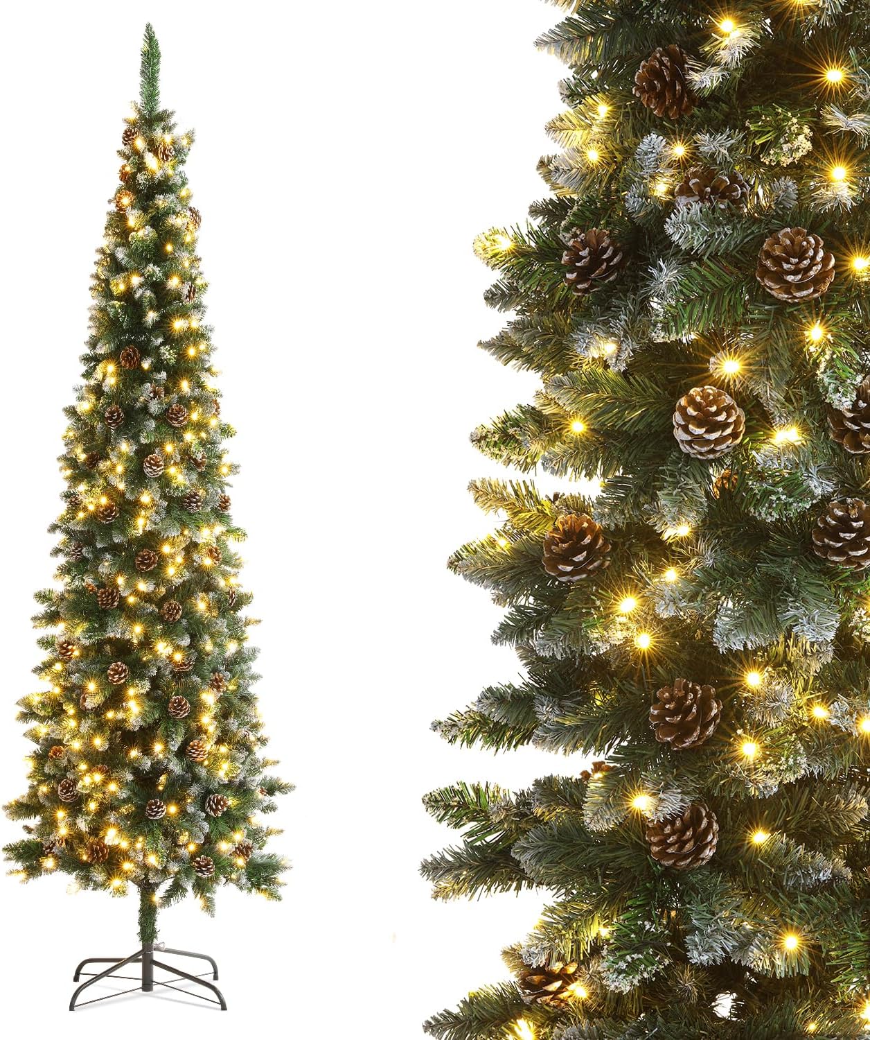 Trees - AORESAC 7.5ft Pre-Lit Pencil Christmas Tree for Home, Office, Party Decoration, Artificial Snow Flocked Design w/ 400 LED Lights & 699 PVC Branch Tips and Pine Cones, Metal Hinges & Base