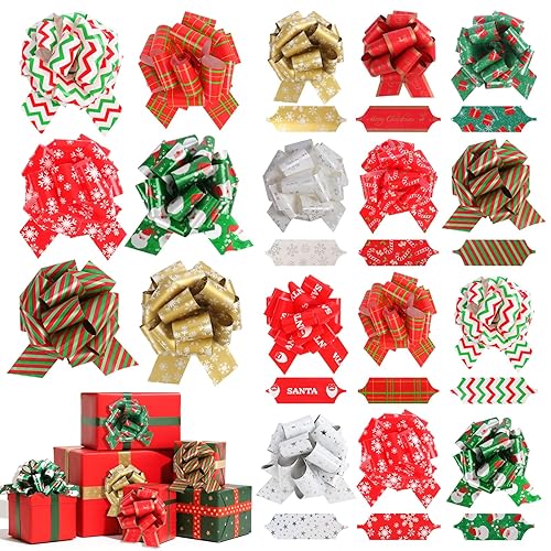 Czyan 12PCS Christmas Bows for Gift Wrapping,Xmas Holiday Decoration Pull-Bow Ribbons - 4.7" Accessories for Presents, Bouquets, Baskets,Xmas Tree Decoration - Reusable & Easy to Assemble