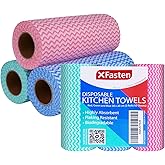 XFasten Disposable Kitchen Towels, 11.8 inches x 7.87 inches, Set of 3 (Red, Green, Blue 150 Total Sheets) Washable and Reusable Cleaning Cloths | Lint and Streak Free Reusable Paper Towels