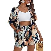 REDHOTYPE Women's 2 Piece Outfits Kimono Style Tropical Print Cover Ups Half Sleeve Blouse Shorts Set Summer Beachwear （S-XL）