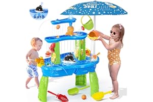 KIZJORYA 【2025 Newest】Auto Water-Absorbing Water Table for Toddlers 1-3, 3-Tier Kids Water Table with Umbrella Splash Pond, Outdoor Toys Sand and Water Table for Age 1-2 3-5, 20PCS Water Toy Accessories